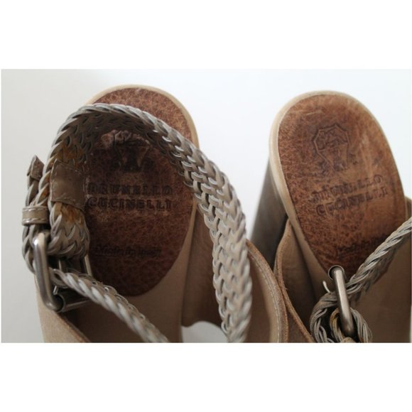 Brunello Cucinelli Tan Pebbled & Braided Leather Block Heeled Sandals Size US 6 - Picture 9 of 13